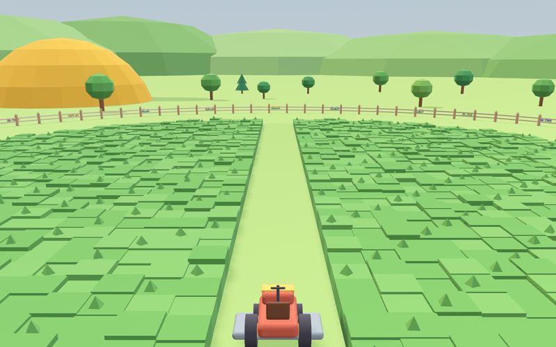 Lawnmower mode in Shape Valley: neat mown stripes on soft green hills